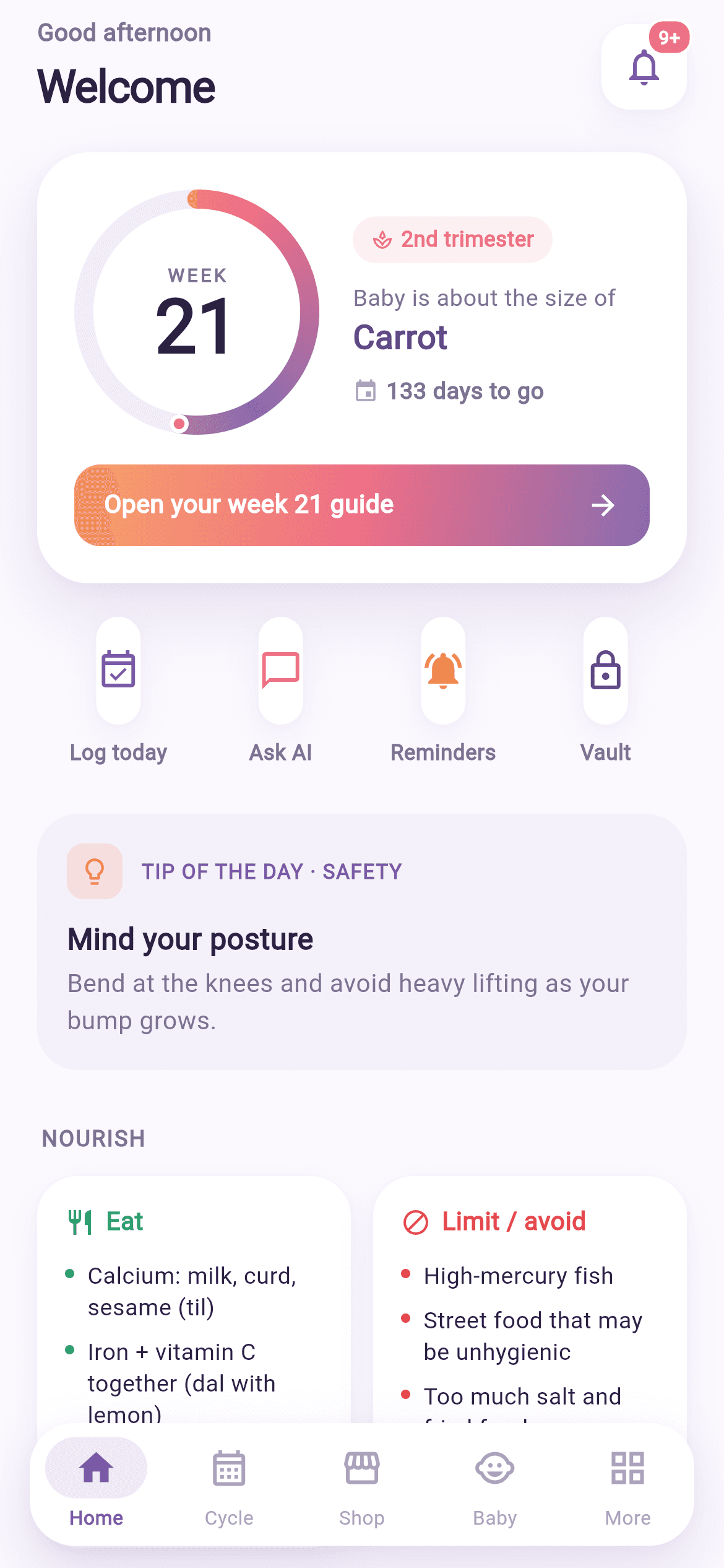 The Aaroha home screen, showing the current pregnancy week, today's tip and quick actions